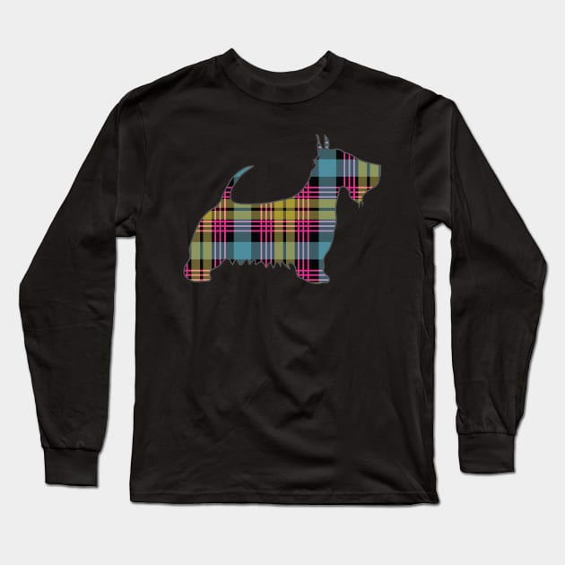 Pink, Blue and Yellow Tartan Scottish Terrier Dog Silhouette Long Sleeve T-Shirt by MacPean